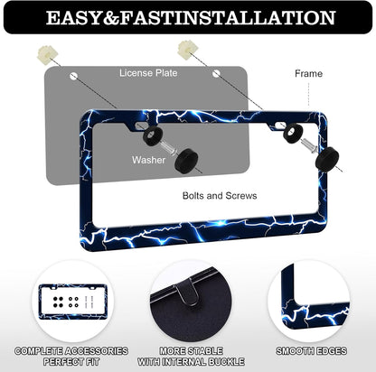 Blue Lightning License Plate Frames - 2 Pack Funny Thunder Stainless Steel License Plate Holder,Rust-Proof Waterproof Car Decorative Tag Frame with Screws Fasteners Caps