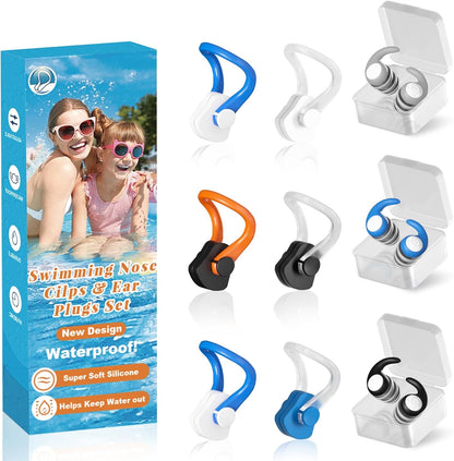Swimming Nose Clip Ear Plugs - 9 Packs Silicone Swim Nose Plugs with Earplugs for Adult,Waterproof Pool Nose Plug for Diving Surfing and Other Water Sports with Storage Box,Multi-Color