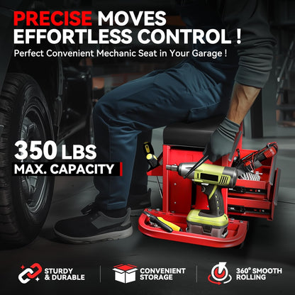 Auto Dynasty 3-Drawer Mechanic Rolling Seat, 350 LBS Capacity Roller Garage Shop Seat with Storage Tool Tray for Workshop, Repair Shop, Warehouse, Red