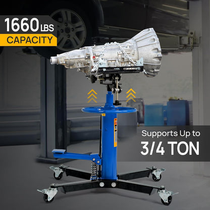 TUFFIOM Transmission Jack, 1660 lbs 3/4-Ton Hydraulic 2-Stage High Lift Vertical Telescoping Floor Jack Stand, 34" to 68" Lifting Range, w/Pedal, 360° Swivel Wheels, Garage/Shop Lift Hoist, Blue