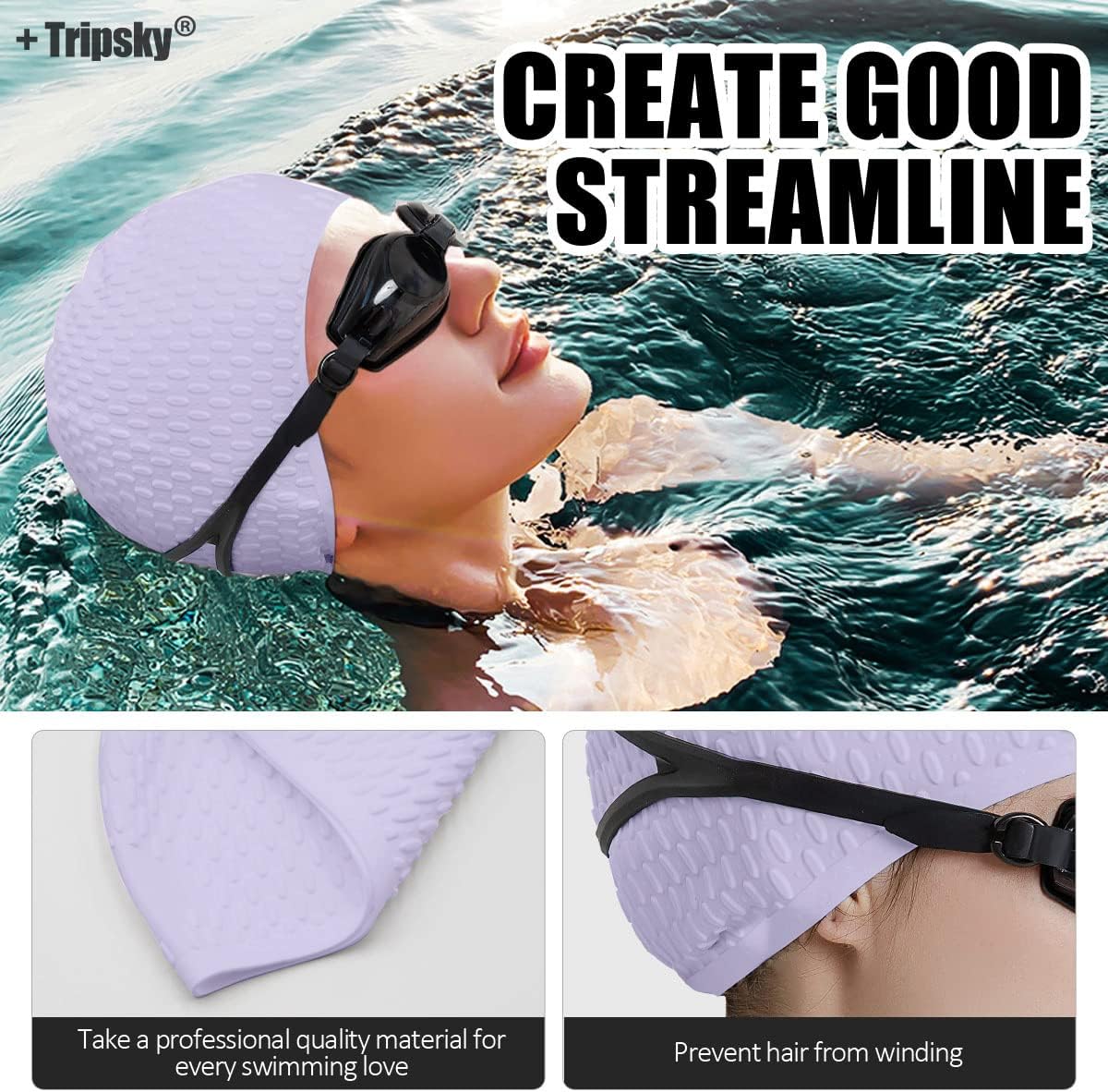 Tripsky Silicone Swim Cap,Comfortable Bathing Cap Ideal for Curly Short Medium Long Hair, Swimming Cap for Women and Men, Shower Caps Keep Hairstyle Unchanged…