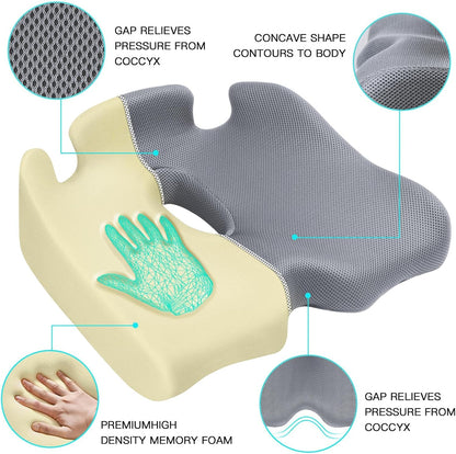 Benazcap Memory Seat Cushion for Office Chair Sciatica & Back Pain Relief Memory Foam Firm Coccyx Pad for Car, Wheelchair, Gaming Chair and Desk Chair, Gray