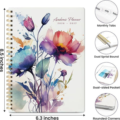 Planner 2026-2027, Academic Year Monthly & Weekly Planner Caledndar, July 2026 - June 2027, Hardcover Large Planning Agenda Book with Tabs for School Office Supplies, 6.3" x 8.5" - Painted Bloom