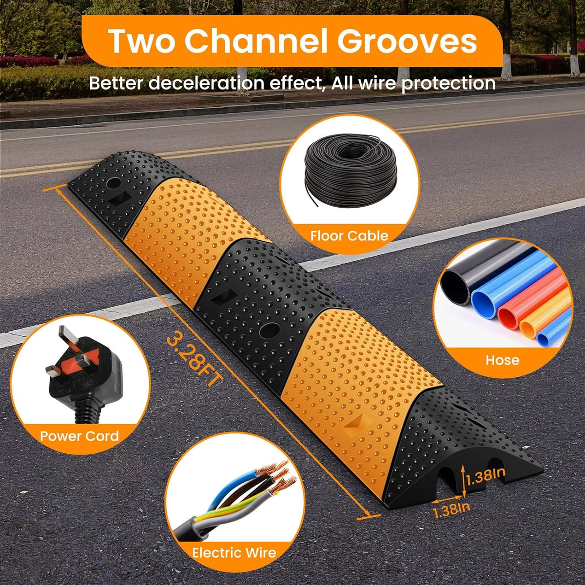 Rubber Speed Bumps for Road [2 pcs],78.7'' Total Long,66000 LBS Load Capacity,2 Channel Modular Heavy Duty Bump,Cable Protector Ramp with 8 Expansion Screws,for Asphalt Concrete Gravel Driveway