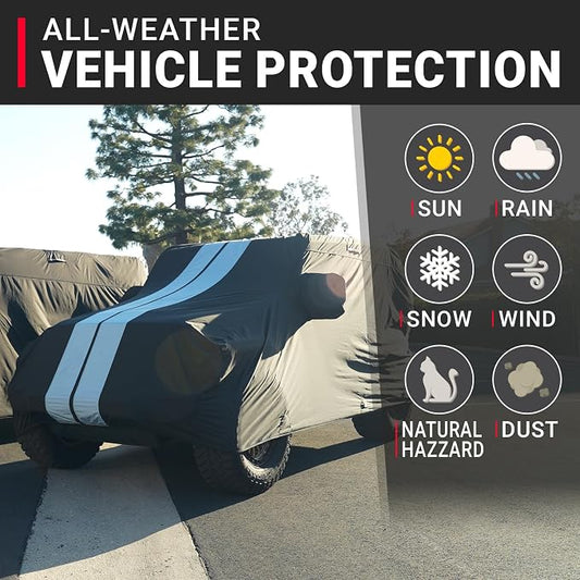 iCarCover Premium Plus SUV Car Cover Waterproof All Weather Rain Snow UV Sun Protection, MDX, E-Tron, Blazer K5, LR3, LR4, Tahoe 2-Door, RR Sport, Velar, Size S50 (See Size Chart) Stripe - Black/Gray