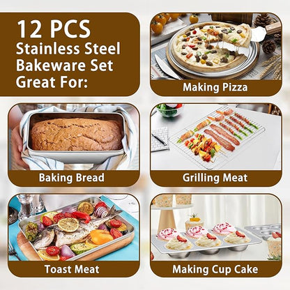 P&P CHEF Stainless Steel Bakeware Set, 12-Piece Kitchen Baking Pans Set, Baking Sheet with Rack, Square Cake Pan with Lid, Lasagna Pan, Loaf Pan, Muffin Pan, Pizza Tray & 2 Covers, Easily Clean