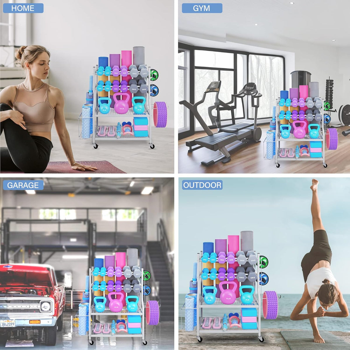 Dumbbell Rack, Yoga Mat Storage Rack - Weight Rack for Dumbbells, Home Gym Storage Rack for Yoga Mat, Dumbbells and Kettlebells, All in One Workout Equipment Storage with Caster Wheels