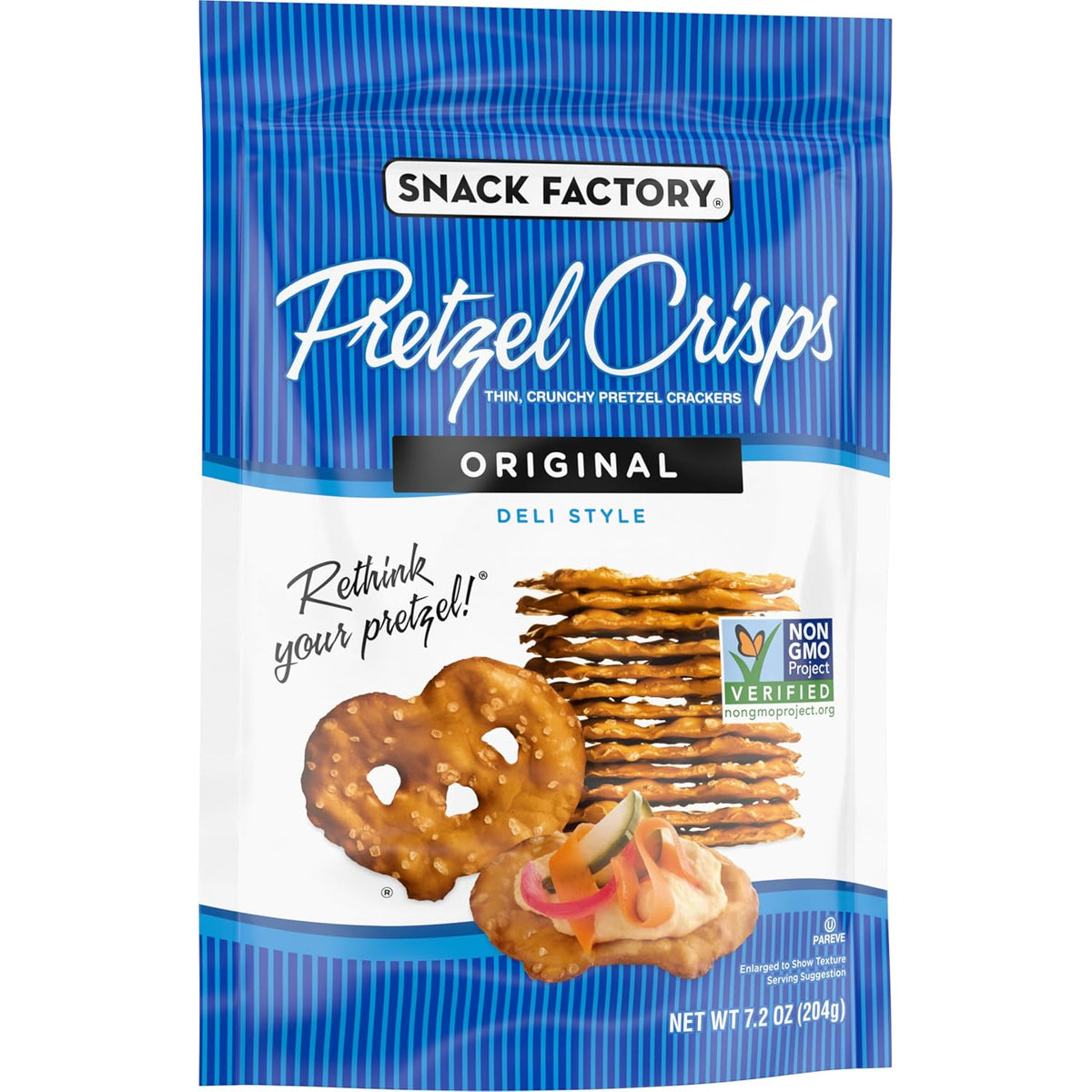 Snack Factory Original Pretzel Crisps, Non-GMO, 7.2 oz Resealable Bag