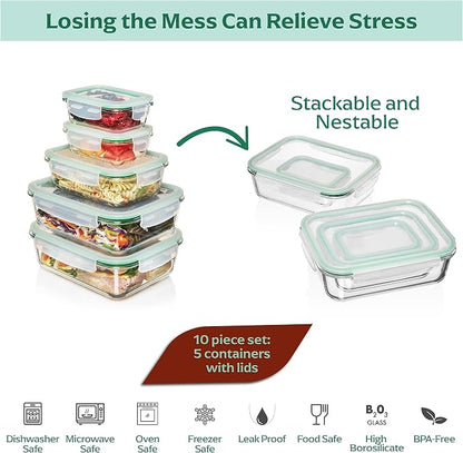 Fusion Gourmet Large Glass Food Storage Containers with Lids [5 Pack, 72 oz, 9 Cup], Airtight, Leakproof, Microwave and Oven Safe Borosilicate Glass