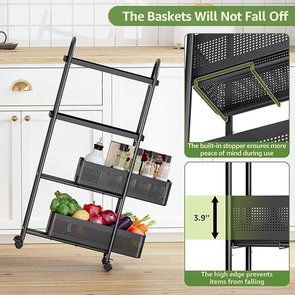 KINGRACK 4-Tier Slim Storage Cart with Pull Out Basket, Rolling Bathroom Organizer Utility, Metal Shelving Unit Slide Out, Lockable Wheels, Easy Assembly for Narrow Place, Kitchen, Laundry Room, Black