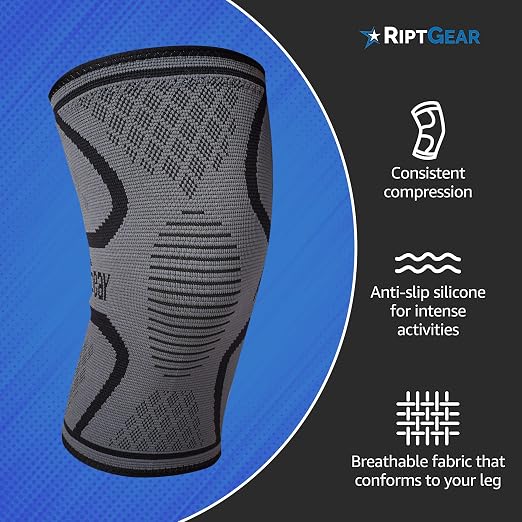 RiptGear Knee Compression Sleeve - Braces for Knee Pain - Compression for Arthritis, Meniscus Tear, Running, Walking - Support for Women and Men - Sleeves Weightlifting (Large, Gray (1 Pack))