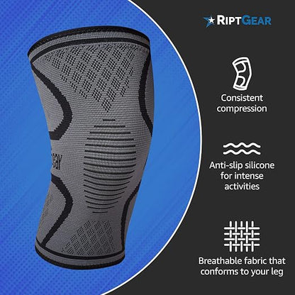RiptGear Knee Compression Sleeve - Braces for Knee Pain - Compression for Arthritis, Meniscus Tear, Running, Walking - Support for Women and Men - Sleeves Weightlifting (Large, Gray (1 Pack))