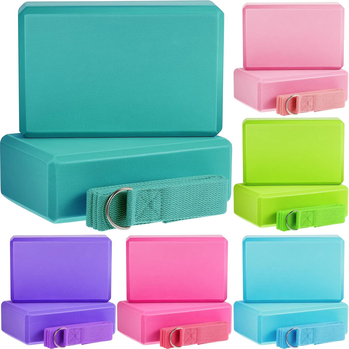 Meooeck 18 Pcs Yoga Block and Strap Set 9 x 6 x 3 Inch EVA Foam Non Slip Brick 8 ft Yoga Straps for Stretching D Ring Design for Back to School Pilates Fitness Workout Exercise