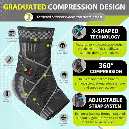 BLITZU Ankle Brace for Men & Women, Foot Compression Sleeve w/Arch Support | Open Toe Socks, Stabilizing Wrap for Torn Ligaments, Sprained Ankle, Achilles Tendonitis, Arthritis, Recovery, Sport, Fitness