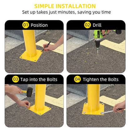 Safety Bollard 2 Packs, 48 Inch Height Steel Bollard Post for Parking Lot, 4.5 Inch Diameter Pipe, Yellow Safety Bollard Post with 16 Anchor Bolts, Ideal for Traffic-Sensitive Areas, Driveway Barrier