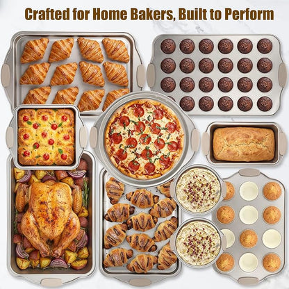 39 Pcs Nonstick Baking Pans Set Stackable Bakeware Set with Silicone Handles, 450°f Oven Safe Easy Release Baking Sheet Sets Cookie Sheets Sets for Cooking