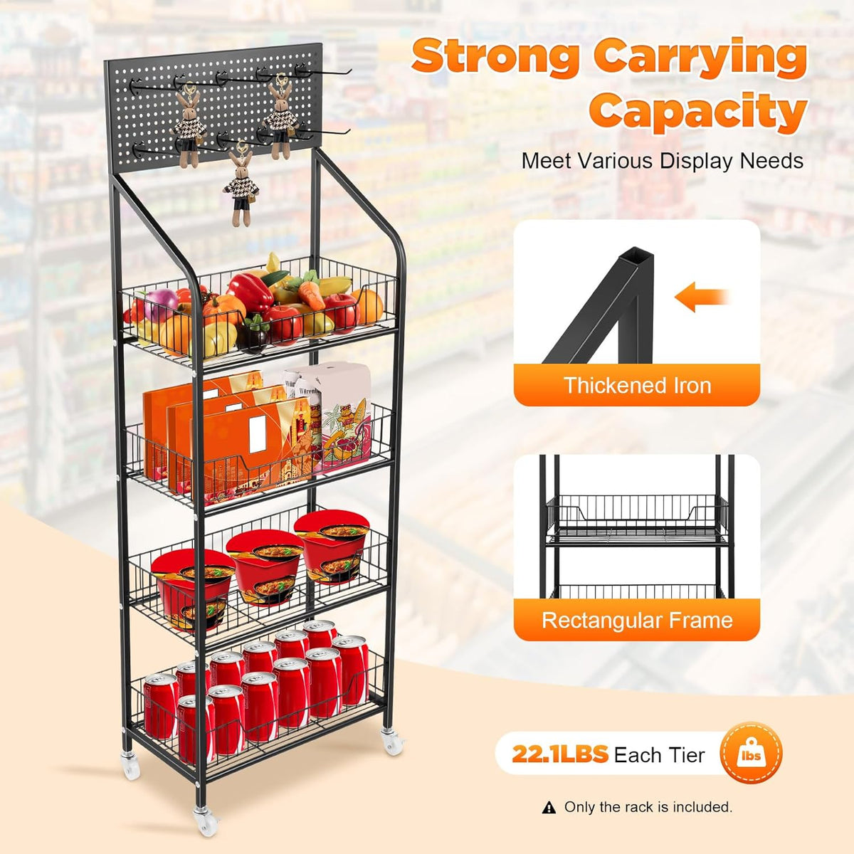 Retail Display Rack 4-Tier Market Merchandise Display Shelf with Wheels and 10 Hooks Metal Display Snack Metal Wire Shelving Movie Theater Candy Rack with Wheels for Home Store Market