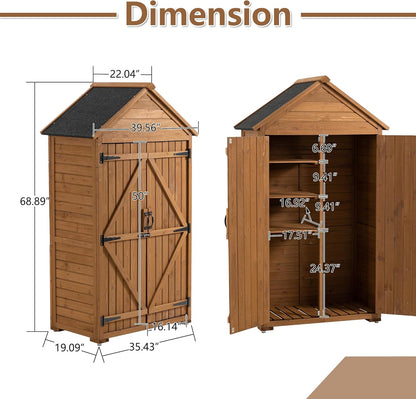 39.56"x 22.04"x 68.89" Outdoor Storage Cabinet with Removable Shelves, Waterproof Roof, and Adjustable Feet - Fir Wood Garden Tool Shed for Yard, Patio, Deck, and Garage,Yellow Brown
