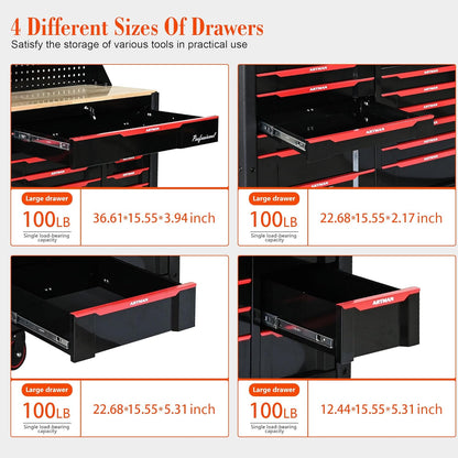 66-Inch Rolling Tool Chest and Workbench with Wheels & 19 Drawers, Lockable Storage Cabinet Stainless Steel for Garage Workshop (Tool Cart)