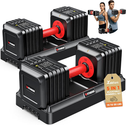 XDDIAS Adjustable Dumbbell Set of 2-25LB/55LB Set-1Sec Adjustable Dumbbell Weights-5 in 1 Free Weights Dumbbells Set with Effortless Tray/No-Slip Handle-Compact Size for Women/Men at Home Gym