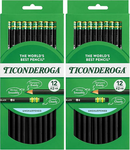 Ticonderoga Pencils, 2 HB Soft, Black | Wood-Cased | Unsharpened | 24 Count Total