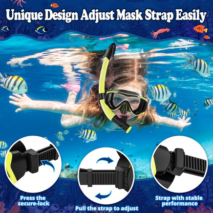 U PHITNIS Kids Snorkel Set for Age 4-14 - Dry Top Snorkeling Gear for Kids Junior & Youth - Childs Diving Mask with Big Eyes for Boys Girls - Anti-Fog Snorkeling Mask and Snorkel Set