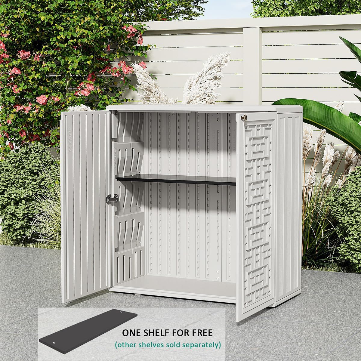 KINYING Outdoor Storage Cabinet Waterproof, Resin 60 Gallon Deck Box for Patio Furniture Cushions, Garden Tools, Pool Tools and Kids’ Toys (Off White with 1 Shelving)