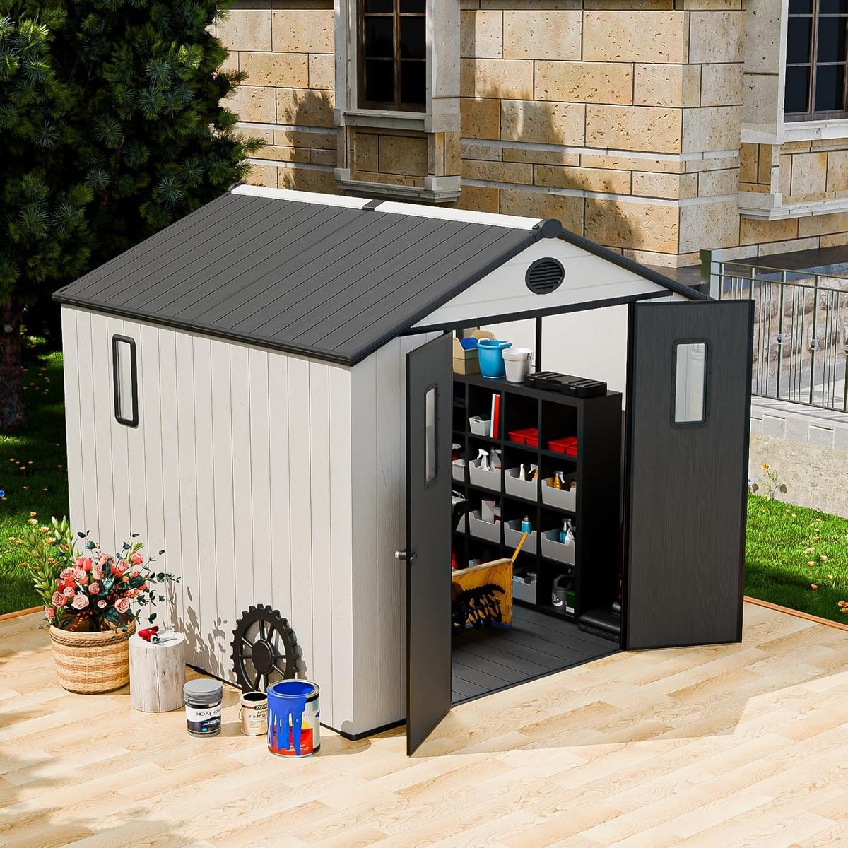 COOS BAY Resin Outdoor Storage Shed with Lockable Double Doors, Heavy-Duty Floor, All-Weather Garden Shed for Tools & Equipment, 8x8 ft, White/Gray
