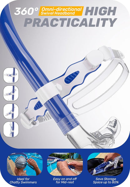 CAPAS Training Swim Snorkel for Lap Swimming, Swivel Headband Ultimate Fit Center-Mount Swimmers Snorkel with Liquid Silicone Mouthpiece Adjustable Strap, Designed for Adult Men Women