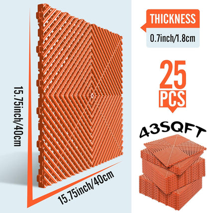 15.7"x15.7" Garage Flooring Tiles, Non-Slip Interlocking Plastic Garage Floor Mat, Garage Organization & Garage Storage, Vented Pattern (Orange, 25PCS)