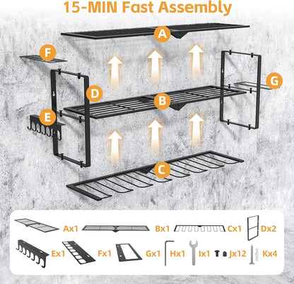 Power Tool Organizer Wall Mount Cordless,15 Min Fast Install Metal Garage Tool Storage Organizer Heavy Duty 3 Layers 7 Drill Power Tool Holder Storage Rack Tool Shelf Wall Mount for Shop Organization