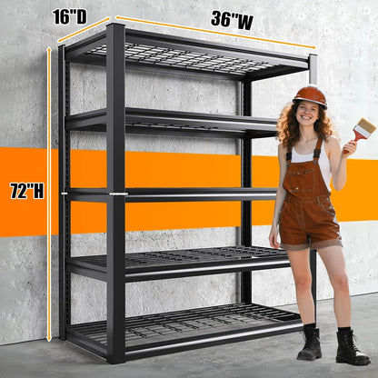 72''H Garage Shelving 3000LBS Capacity Heavy Duty Garage Storage Shelves, Adjustable 5 Tier Metal Industrial Wire Shelf for Kitchen, Utility Room, Warehouse and Basement, Black (36''Wx16''Dx72''H)