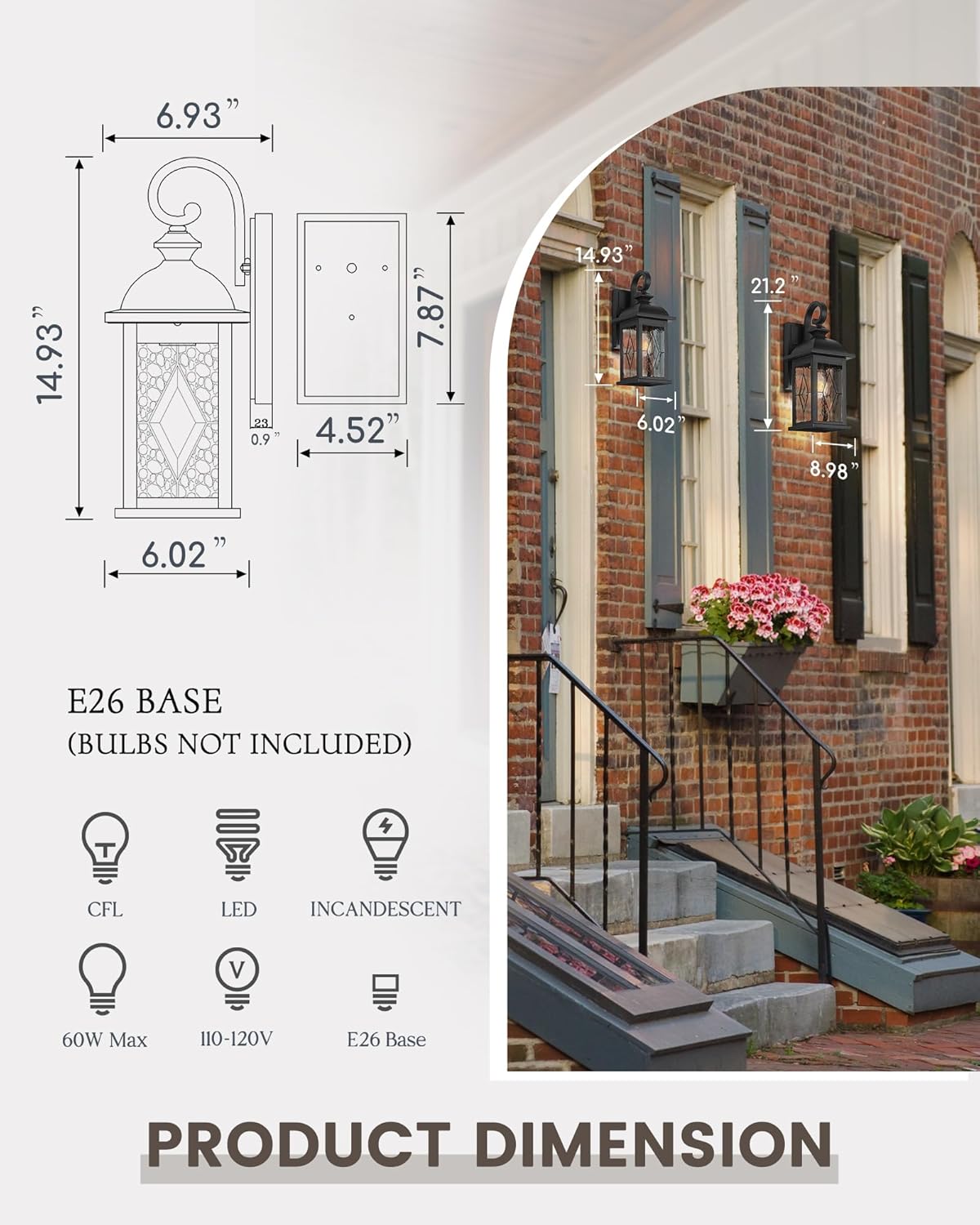 FEMILA 15" Exterior Wall Sconce, 2-Pack Outdoor Waterproof Wall Lights Fixture, Anti-Rust Matte Black Finish with Water Ripple Glass,4FD54B-2PK BK-SD