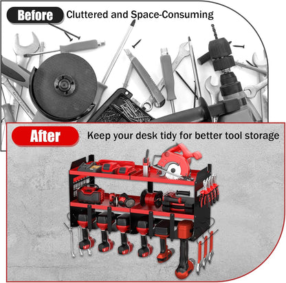 Power Tool Organizer Wall Mount with 6 Drill Holders, Heavy Duty Metal Utility Racks with Large Top Shelf & Side Hooks, Efficient and Organized Storage for Garage, Workshop, Shed, Pegboard