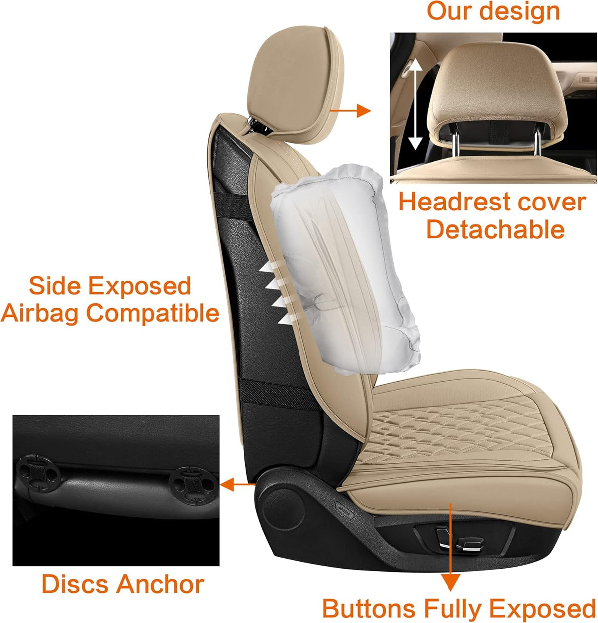 Pariitadin Leather Car Seat Covers Front Pair, Waterproof Breathable Faux Leather Automotive Seat Covers for Cars, Non-Slip Car Interior Covers Universal Fit Most Cars Sedans Trucks SUVs, Beige