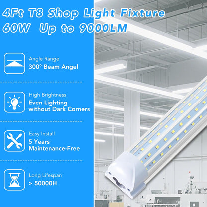 T8 LED Shop Lights 4FT Garage Light, 6 Pack 60W 9600LM 6000K Daylight Work Lights Ceiling LED, Linkable, Plug & Play, Energy-Saving for Warehouse Basement Room(V8)