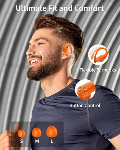 PocBuds Bluetooth Headphones Wireless Earbuds 80hrs Playtime Wireless Charging Case Digital Display Sport Ear Buds with Earhook Deep Bass IPX7 Waterproof Over-Ear Earphones for Phone Laptop Caramel