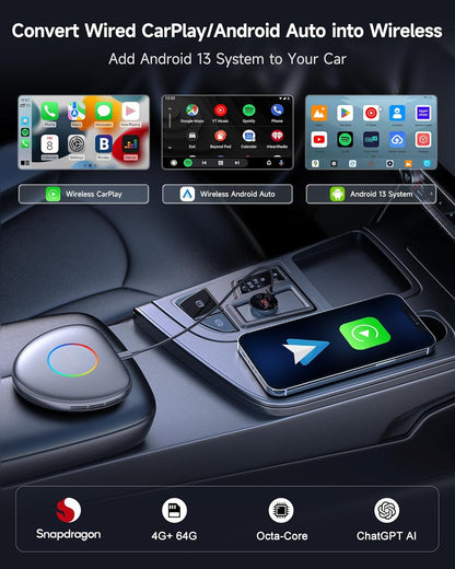 Wireless CarPlay Adapter Android 13 AI Box, Upgraded CB6C Video Streaming Plug & Play Carplay Box for iPhone & Android Auto with ChatGPT, Supports YouTube, Netfilx, TikTok, 4G LTE, 4G+64G