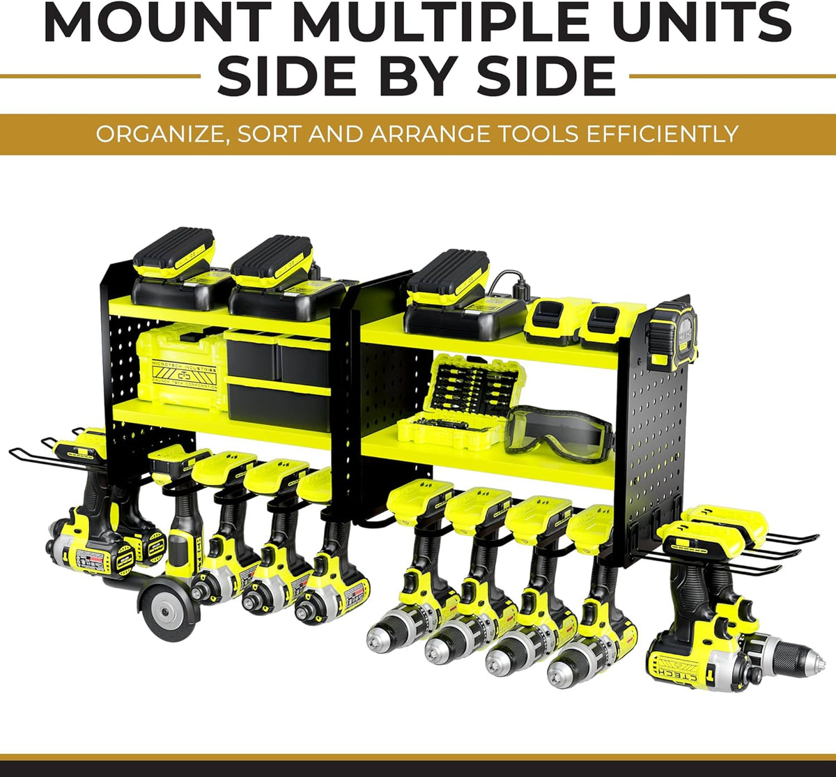 Power Tool Organizer - 6 Drill Holder Wall Mount, 3-Tier Heavy-Duty Hand Tool Storage Rack With 2 Pegboard Sides - Green