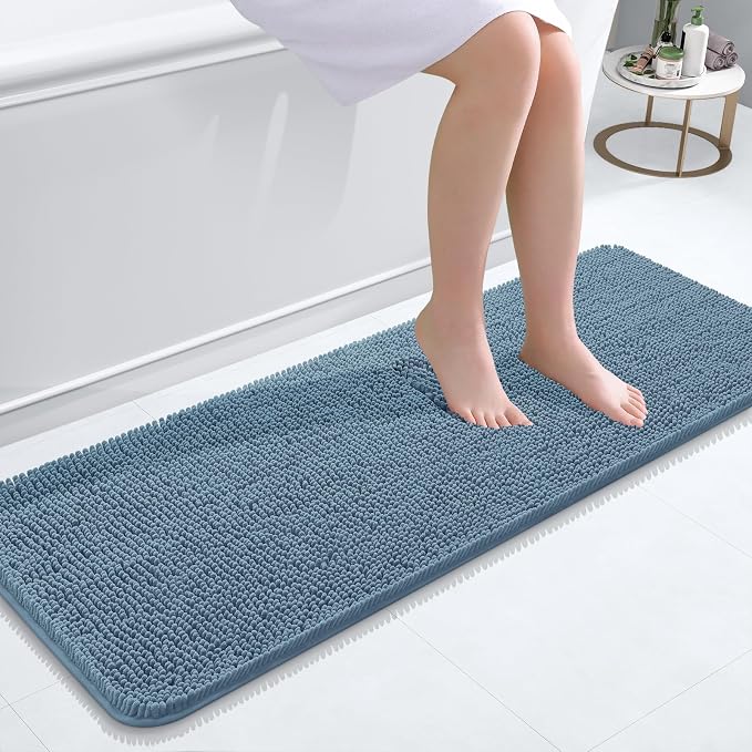 OLANLY Bathroom Runner Rugs 47x17, Soft Absorbent Chenille Bath Rugs, Rubber Backing Quick Dry, Machine Washable Long Bath Mats for Bathroom Floor, Tub and Shower, Home Decor Accessories, Airy Blue