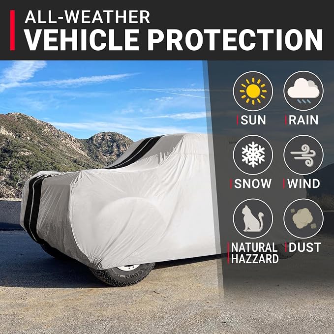 iCarCover Premium Heavy Duty SUV Car Cover - Waterproof All Weather Rain Snow UV Protection, CJ-5, Wrangler, FJ40, Tracker 2-Door, Sidekick 2-Door, Size S56 (See Size Chart), Stripe - Light Gray/Black