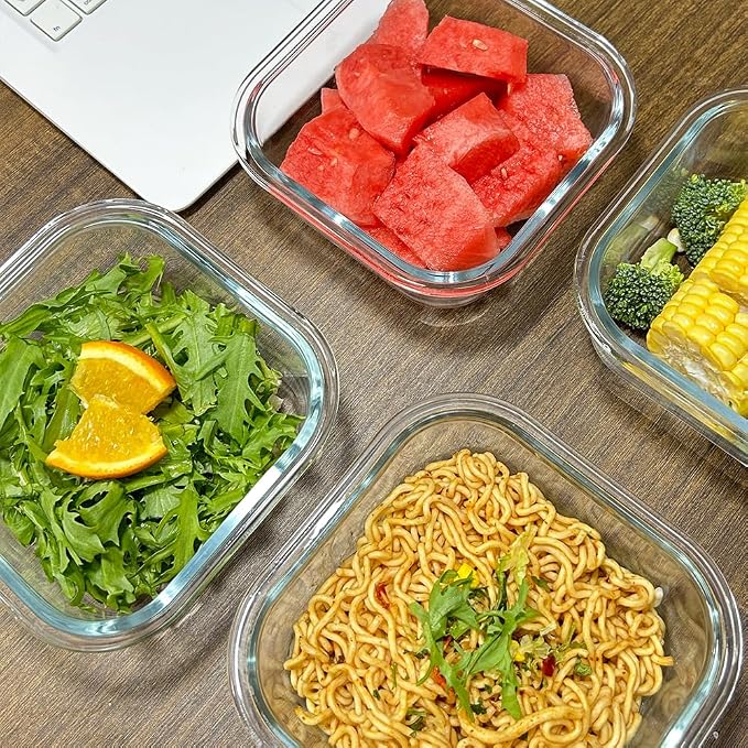 8 Pcs Square Glass Food Storage Container with Lids, 16OZ Square Glass Meal Prep Containers Set, 2 Cup glass Food Storage for Lunch Salad, Microwave, Oven, Freezer, Dishwasher Safe (4 Pack)