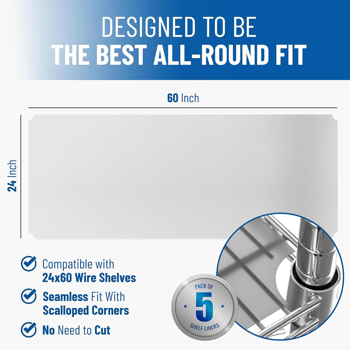 Shelf Liners for Wire Shelf System: Set of 5 in Clear: 24 x 60 inch: Plastic Wire Shelving Shelf Mats