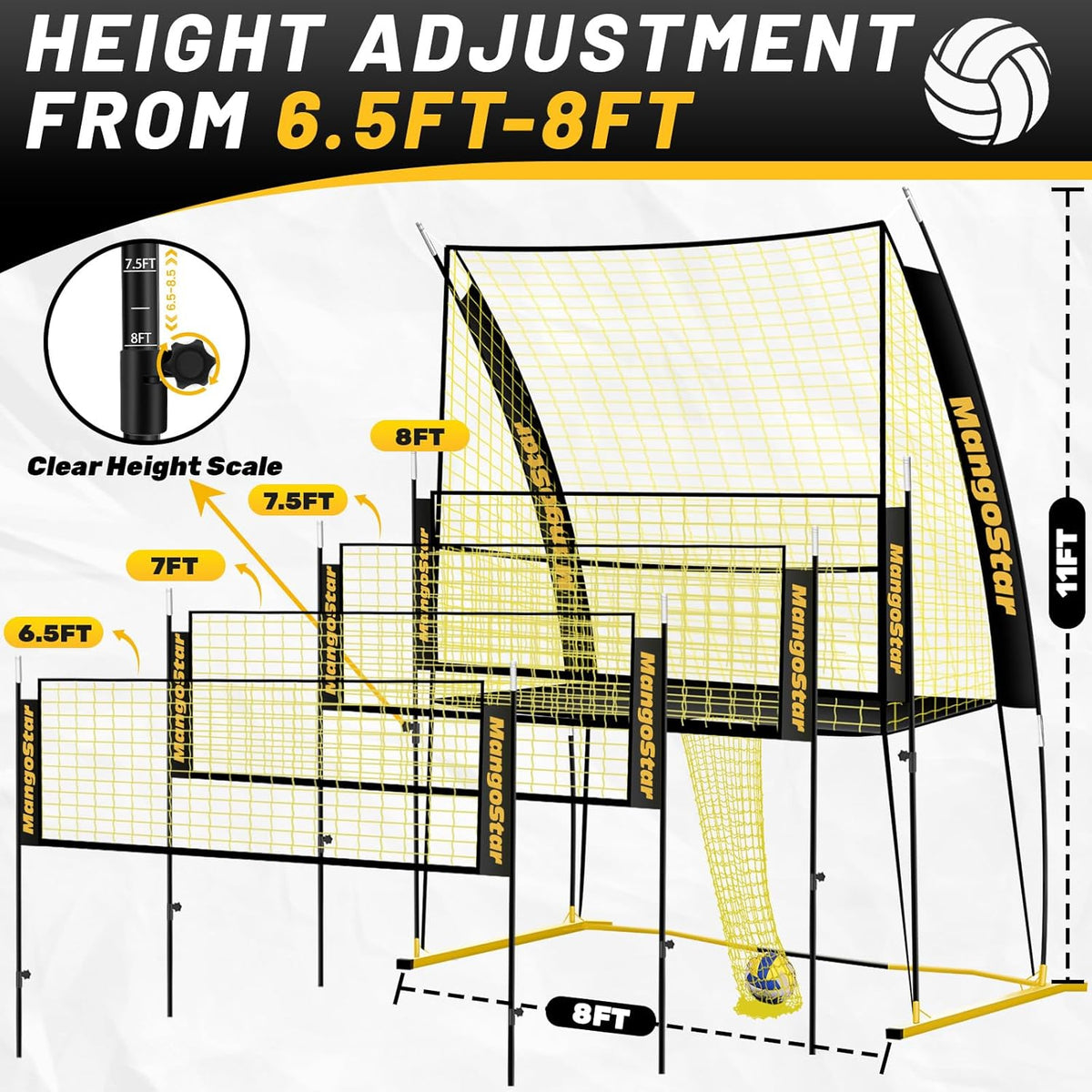 Mangostar Volleyball Training Equipment, Volleyball Net System with Freely Height-Adjustable for Backyard, Volleyball Practice Net for Serving Setting Spiking, Easy Set Up for Indoor and Outdoor Use