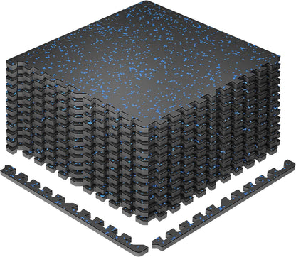 SUPERJARE 0.79'' Extra-Thick Exercise Equipment Mats, 12 Pcs 48 Sq Ft Rubber Top Floor Tiles with High Density EVA Foam, Interlocking Gym Flooring for Home Gym, Workout Mat, Black/Blue