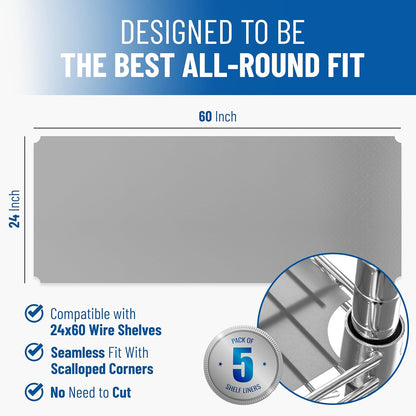 Shelf Liners for Wire Shelf System: Set of 5 in Graphite: 24 x 60 inch: Plastic Wire Shelving Shelf Mats
