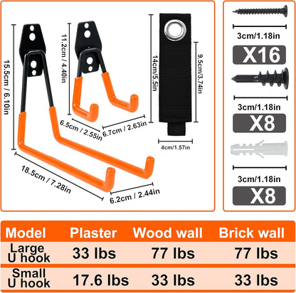 QUELIEN 4 Pack Garage Wall Hooks, 2 Large 7.5 in & 2 Small 2.5 in Heavy-Duty Cord Organizers for Garage Storage, Space-Saving Design for Home, Garage, and Workshop Use