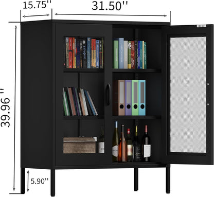 Metal Storage Cabinet with Mesh Doors and Shelves,Multipurpose Storage Rack, 3-Tier Office Cabinet,Metal Locker Style Accent for Home Office,Living Room,Kitchen (Black-mesh, 40''H)