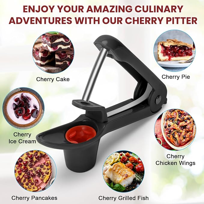 SCHVUBENR Cherry Pitter Tool - Stainless Steel Cherry Corer Pitter with Ergonomic Push Design - Easy to Use for Making Cherry Jam - Pit Cherry with Ease, Saving Time & Space with Lock Design(Black)