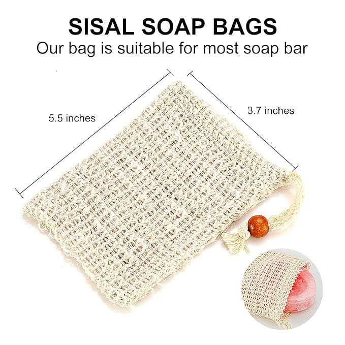 Soap Bag, Natural Sisal Soap Saver Bag Pouch Mesh Net Waste Plastic-Free Exfoliating Foaming and Drying Soap Holder for Shower (4 Pack)